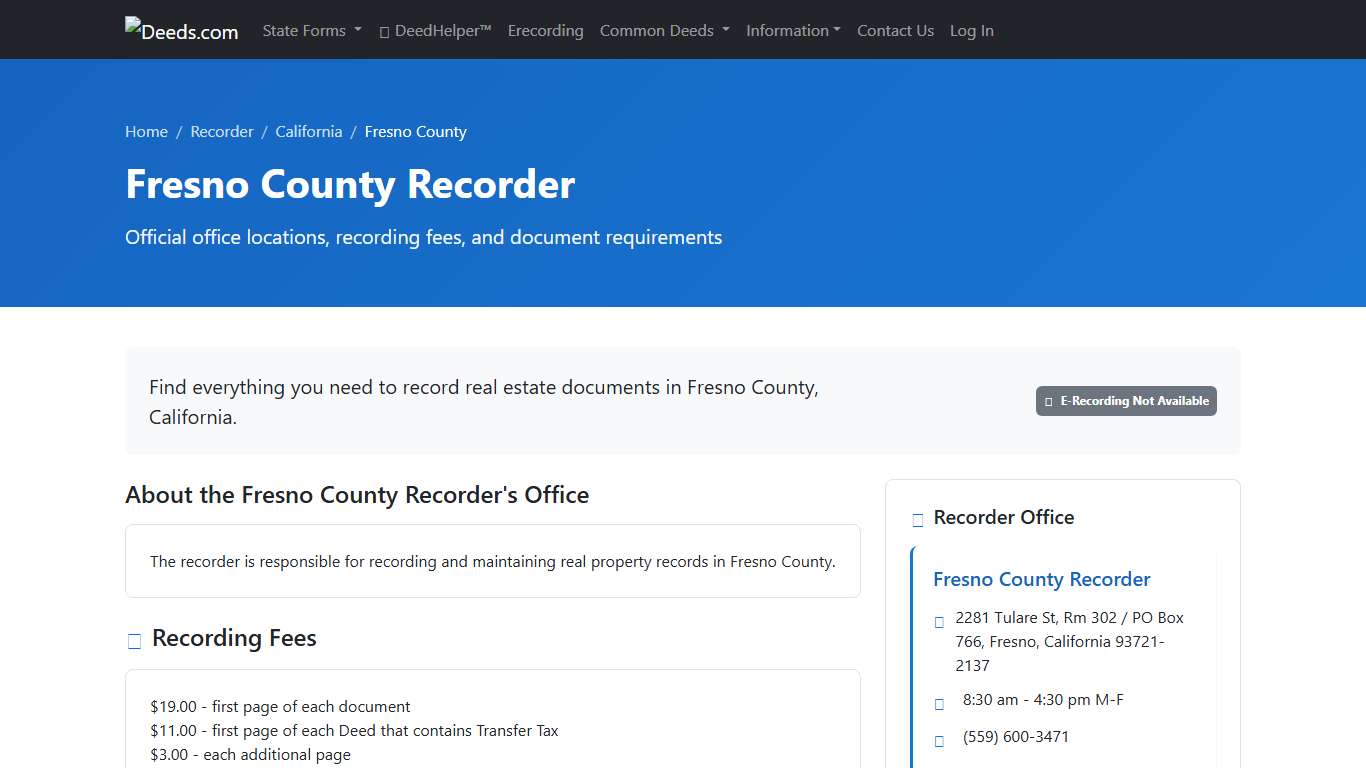 Fresno County Recorder Information, California - Deeds.com